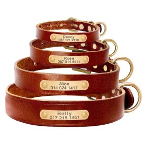 Personalized Genuine Leather Dog Collar With Stainless Steel Nameplate (Color: Brown, size: XS)